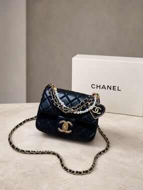 Chanel Mini Square Black Lambskin Pearl Chain Flap Bag